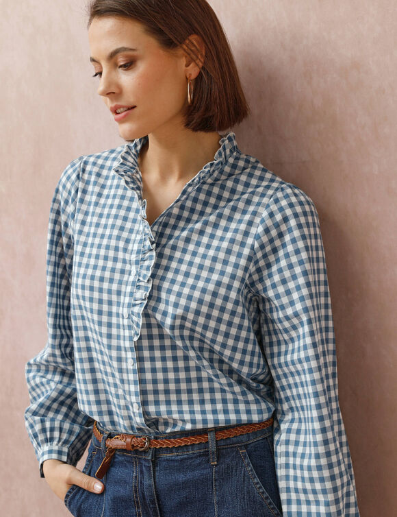 Chemisier col volanté, vichy (bleu / écru) Chemisier col volanté, vichy (bleu / écru)